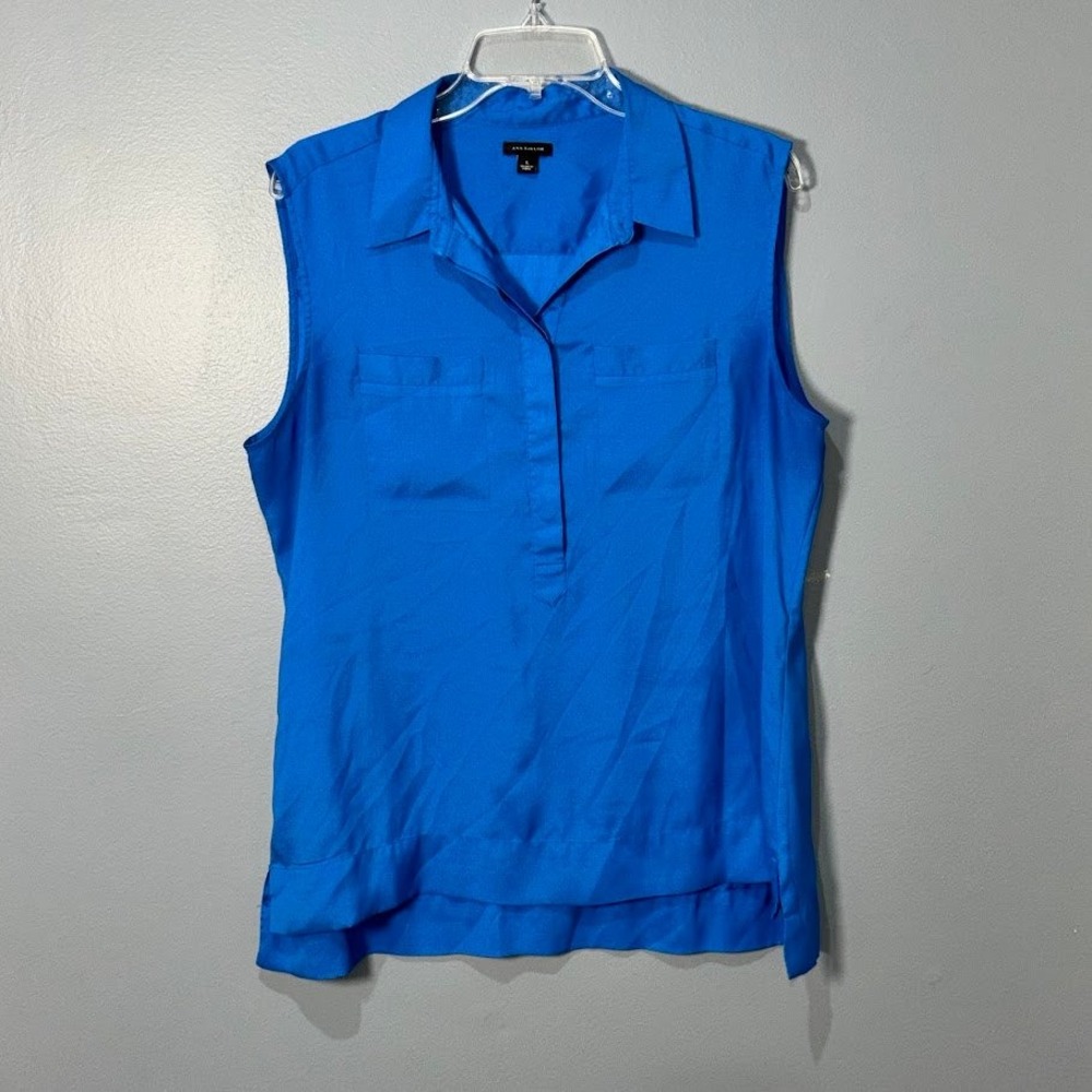 Ann Taylor Blouse Women‎ L Blue Polyester Sleeveless Pocket Shell Classic Chic